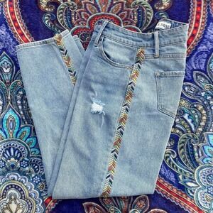 Knox Rose Tribal Embroidered Jeans Size 4 Mid-Rise Straight Leg Boho Distressed